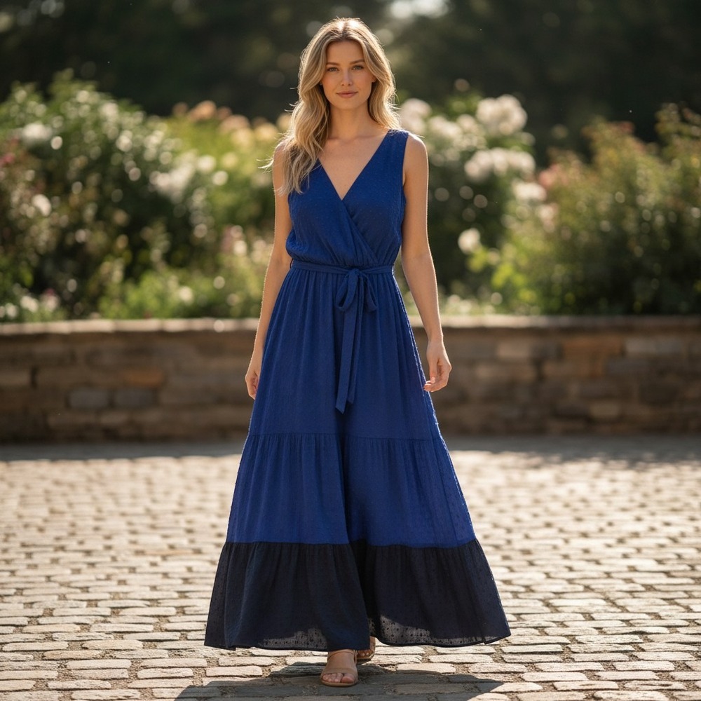 DR2 Women's M Blue Color Block Maxi Dress Boho Tiered Tie Waist Double V Neck